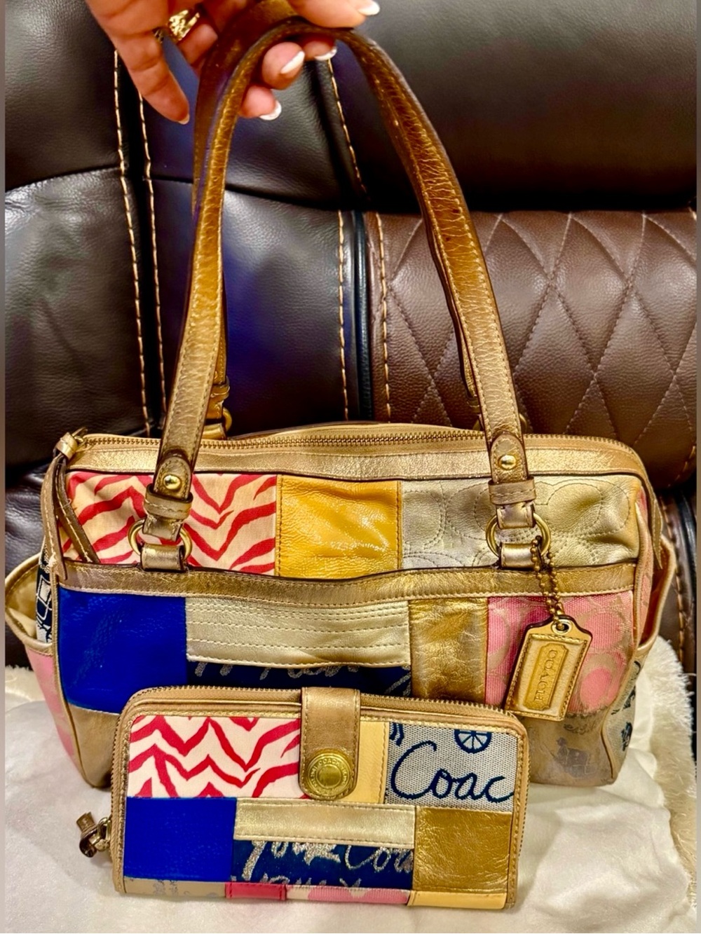 Coach Multicolor Patchwork Shoulder Bag with wallet Gold Accents